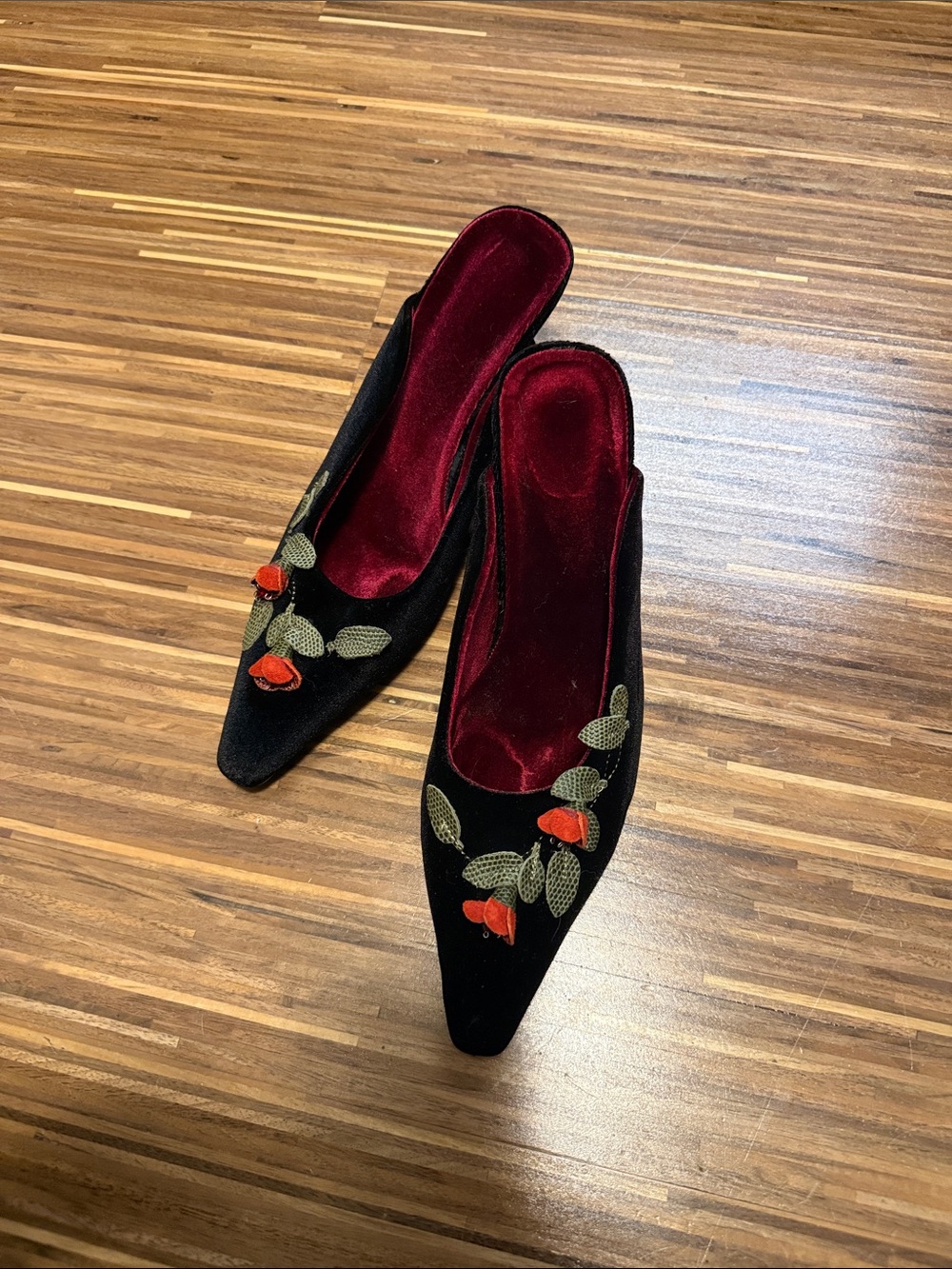 Black Velvet Slip-On Mules with Red Floral Embroidery